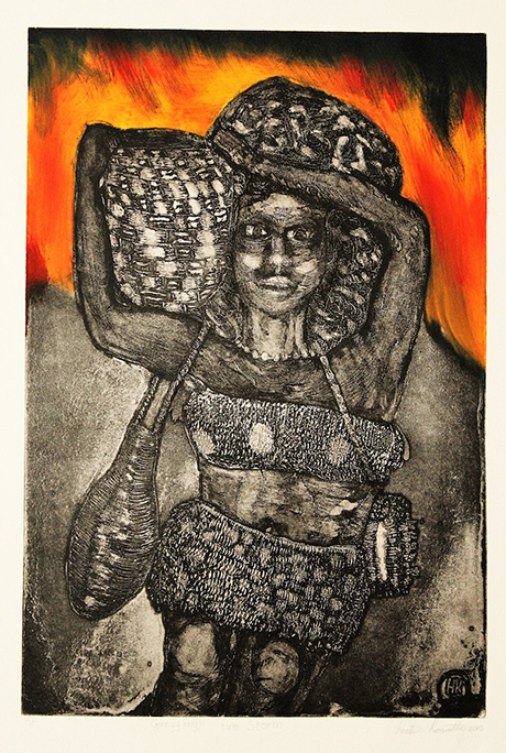 Etching and aquatint
Image size: 49.5 x 34 cm
Paper size: 72 x 50 cm
Printed by Theo Tremblay at No Fixed Press.
PCA Print Commission 2016
The old people still talk about the day the missionaries took away my people, the Kunganyji, from the island of Kabirah, today called Fitzroy Island. Our island was torched, to force my people down to the main beach where they boarded luggers and the mission sloop, which ferried them to the mainland. Turtle Beach was where they were supposed to settle, but this was not their land and soon Yarrabah community was built and most settled there. But it was never peaceful with so many different tribes.
They carried whatever possessions they owned in their handmade baskets. They were like refugees. The government used our island as a quarantine station and later for military training and a naval defense base in world war two. Now the tourists go there to an expensive hotel and swim with the fish and look at the beautiful corals. We still know where the burial sites are and remember the stories of that island.