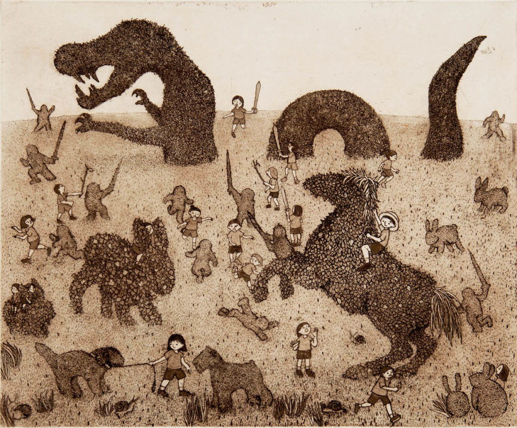 Etching and aquatint
Edition of 30
Image size: 24 x 30 cm
Paper size: 39 x 38 cm
PCA Print Commission 2018
Harold is a three year old boy who likes to play with his imagined creatures and monsters at the Baldessin Press Studio. When I see him I am often reminded of my own childhood where I felt convinced of the presence of strange animals and monsters in the garden or in the house. They were as real as my cats and dogs, on the same level of existence.