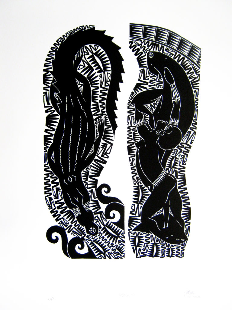 Linocut
Edition of 20
Image size: 50 x 33 cm
Paper size: 76.5 x 53.5 cm
Printed by Editions Tremblay NFP, Cairns
PCA Print Commission 2011
My mother is from the Wegedagam tribe. 'Augud' means totem. Her totem is crocodile (koedel). This is also my totem. Dugong (dangal) spirit is in the shape of a woman - we swim together.