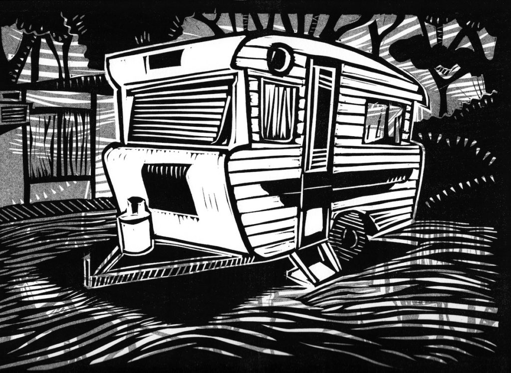 Linocut
Edition of 43
Plate size: 22 x 30 cm
Paper size: 38 x 57.5 cm
PCA Print Commission 2013
The humble caravan is a recurring theme in my work. I see them as a nod to less complicated times when simple pleasures were enough. The idea of a little self-contained home on wheels, customised to the owner's whims, gives each a unique personality. They are all about the romance of the road, disappearing caravan parks, the travelling circus, ponies and gypsies.