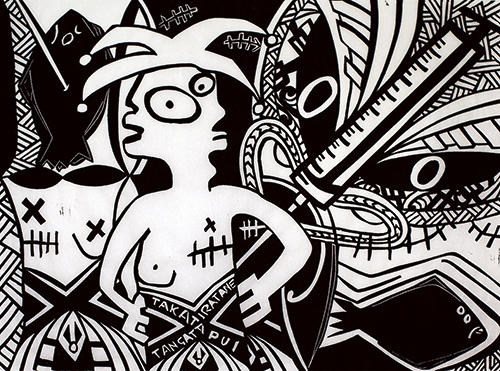 linocut on Kozo
Edition of 33
Image size: 30 x 40 cm
Paper size: 43 x 63 cm
PCA Print Commission 2012
Takatapui. Transgender. Physical Transition. Being between cultures and decisions. The integration of self and culture. The negotiation and navigation required to live in more than one world. I describe this as feeling like a Patiki/flounder. I feel like I have been struck in the head. This is how the Patiki/flounder gained its physical appearance. It was struck in the head.