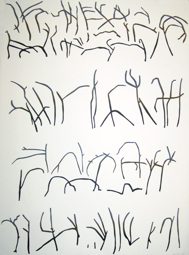 Colour linocut
Edition of 40
Image size: 75 x 57 cm
Paper size: 75 x 57 cm
PCA Print Commission 2007
Glyphs is my language of the Australian bush. It is simple, stark and amazingly beautiful, at once familiar and obvious, but at the same time elusive, mysterious and undecipherable. This language of the landscape is a metaphor for life itself. We try to understand it, but ultimately it remains unknowable.