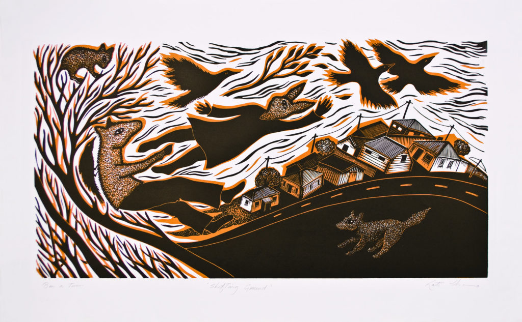 Linocut
Edition of 35
Image size: 35.5 x 68 cm
Paper size: 40 x 76 cm
Printed by the artist
PCA Print Commission 2009
This work is about movement and change. All is in flux as the earth slowly tilts, and we are swept along in the current.