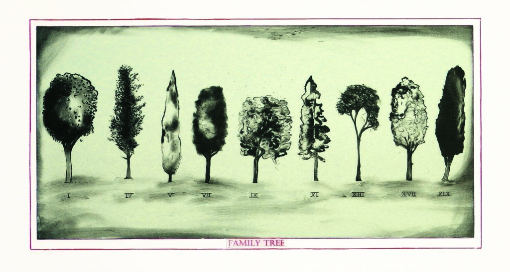 Lithograph
Edition of 35
Image size: 34 x 64 cm
Paper size: 40 x 76 cm
Printed by Peter Lancaster - Lancaster Press, Melbourne
PCA Print Commission 2011
As a constant observer of the natural world, I am constantly observing and drawing trees. While I never intend to anthropomorphise objects in nature, I often see trees as having strong 'characters'. As I was looking through my journal recently I noticed a page where I had drawn a group of trees standing in a line. This immediately gave me the idea for my lithograph Family Tree.