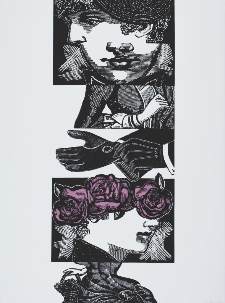 Linoprint and silk
Edition of 40
Image size: 76 x 30.5 cm
Paper size: 76 x 56 cm
PCA Print Commission 2005
Cadavre exquis: Fille aux couronne des roses engages with Surrealist automation techniques. The randomly juxtaposed female body parts are counterposed with masculine gloved hands. There is a strange new ominous but marvellous reality.