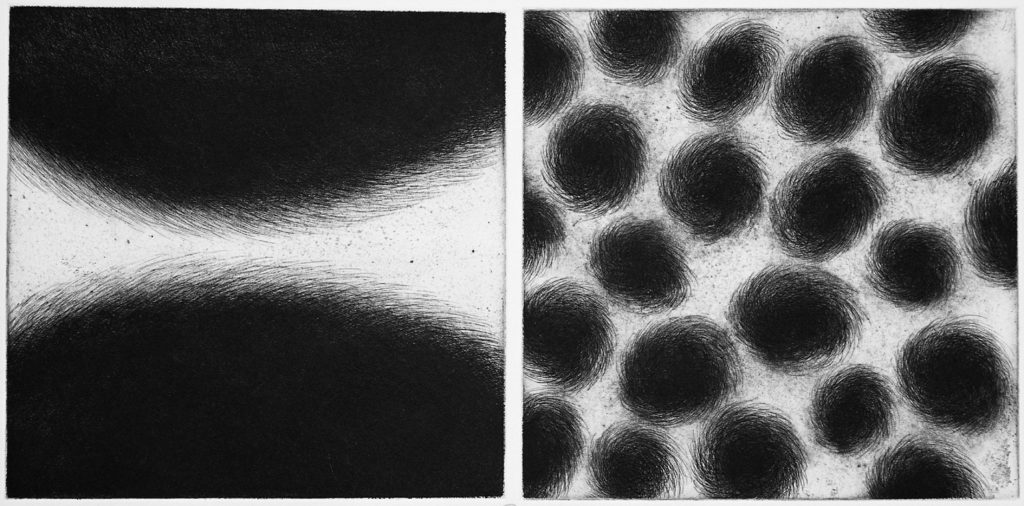 Etching
Edition of 40
Image size: 29.5 x 60.5 cm
Paper size: 57 x 76 cm
PCA Print Commission 2003
The symbolic representation of opposites and their interaction is a recurrent theme of my artistic practice. The work explores the interdependence of nature/culture, dark/light, microcosm/macrocosm, seduction and repulsion. Pulse is a series of work that explores the relationships between forms and their points of intersection or collision, Pattern and repetition create the visual tension, Tiny hair-like filaments search for the possibility of contact. These hairy peripheries emanate from a dense mass of replicating pattern, which is eventually defined by form.