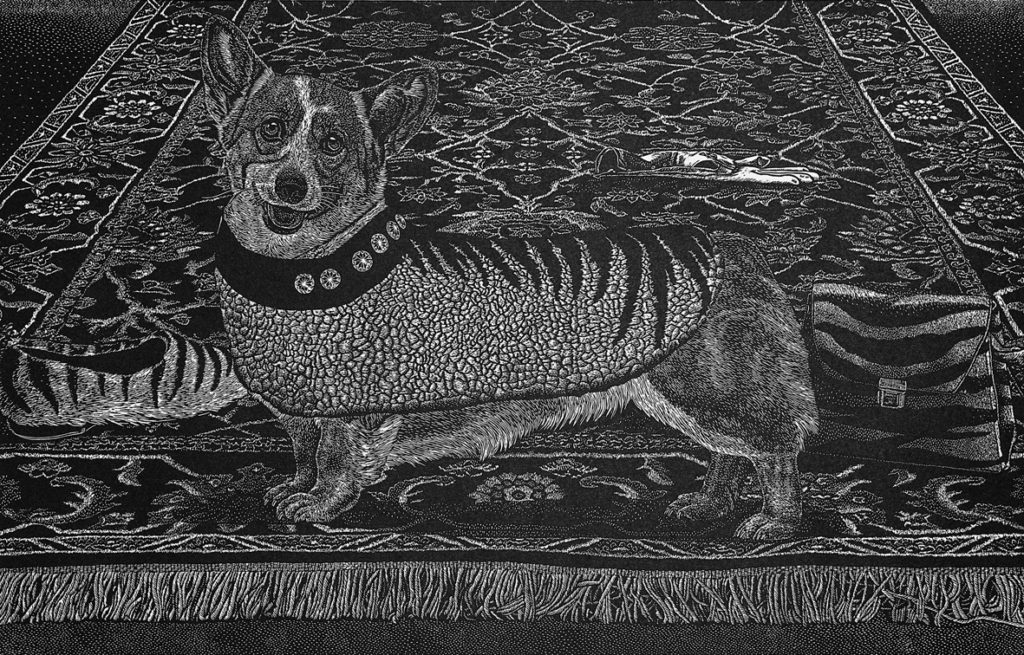 Linocut
Edition of 40
Image size: 35.5 x 55.5 cm
Paper size: 56.5 x 76.5 cm
PCA Print Commission 2003
This faithful canine servant awaits his next command from an absent monarch. Like William Lanney, the last Tasmanian Aborigine, he has been given the grand title of king. This loyal corgi is surrounded by royal accessories - covered with the pelts from the colonial tiger - the thylacine. He wears a regal woolly coat which refers to the colonisation of the thylacine's habitat by the sheep industry. The discarded glove represents the cultural defeat of the indigenous inhabitants.