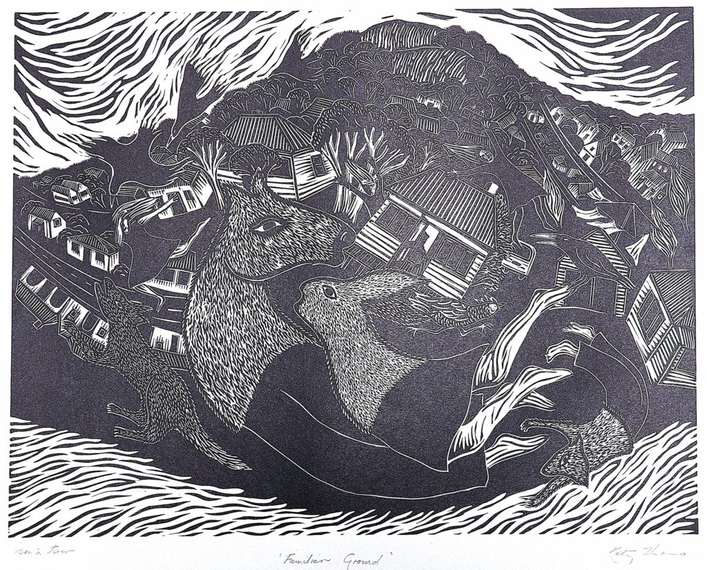 Linocut
Edition of 40
Image size: 42.5 x 55 cm
Paper size: 57 x 76 cm
PCA Print Commission 2000