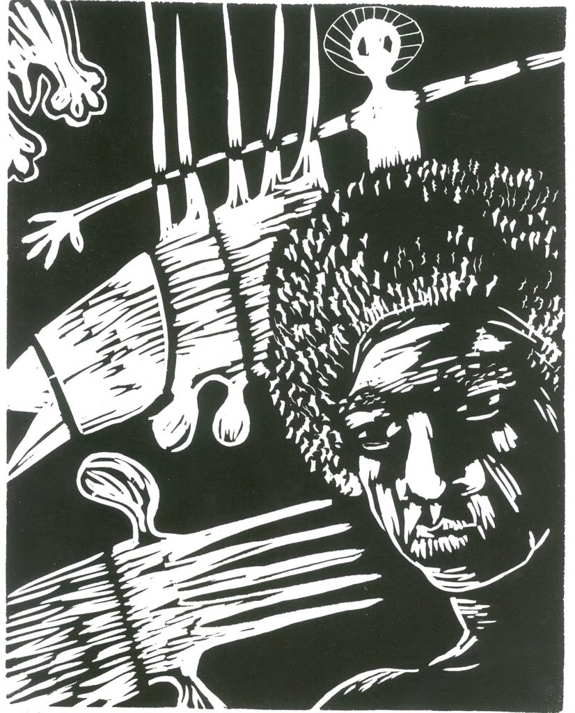 Linocut
30 x 23.5 cm
Printed by Wilma Tabacco
100 x 100 Portfolio, 1988