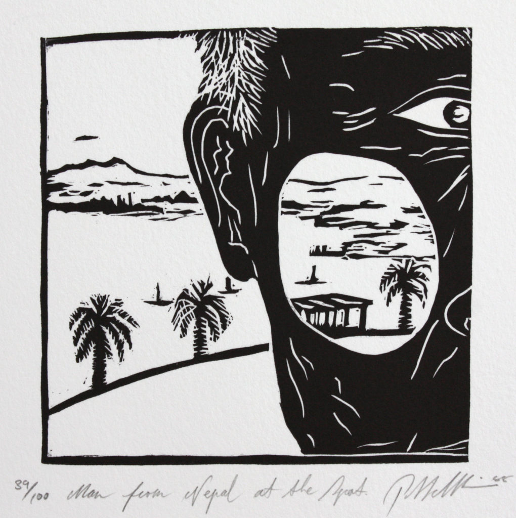 Linocut
11 x 10.5 cm
Printed by Neil Emmerson
100 x 100 Portfolio, 1988