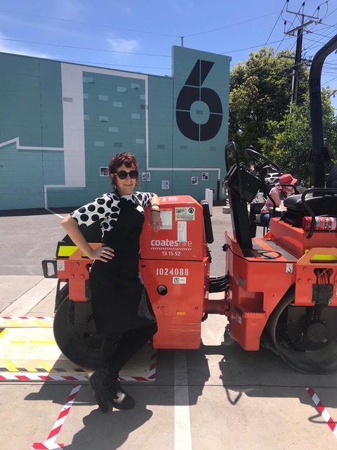 Discussing the big community steamroller event they have planned for this coming weekend - Sunday 15 November - are the cofounders of Stone & Quoin Studio at 6 Manton St Hindmarsh in South Australia: Simone Tippett (Union St Printmakers) and Damien Warman (stick to galley press).