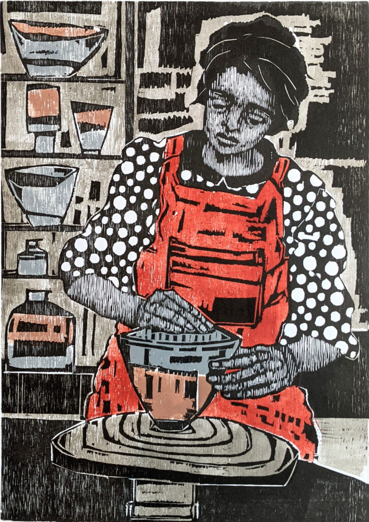 The Pleasure of Making
Multiple block woodcut
Edition size: 30
Image size: 55 x 39 cm
Paper size: 76 x 56 cm
This time of uncertainty and change in the world and in our everyday lives has highlighted for me the infinite and intimate pleasure of making. As one example, I chose the figure of the ceramicist working in its studio.